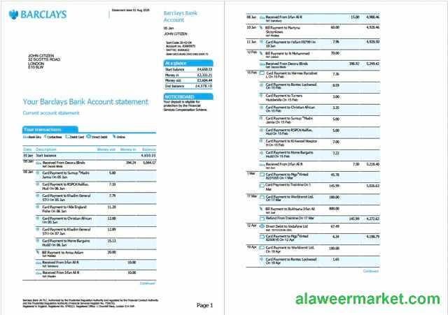 UK Barclays bank account statement Word and PDF template, 2 pages
